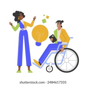 Illustration of two people discussing an idea, one in a wheelchair holding a tablet, and the other gesturing with hands. A large light bulb and geometric shapes. Vector flat.