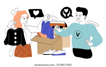 Illustration of two people donating clothes, holding garments and a box of items. Minimalist design on a white background, symbolizing charity and giving. Vector illustration