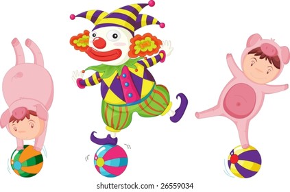 an illustration of two people dressed up as pigs and one dressed up as a clown