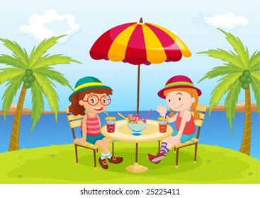 an illustration of two people enjoying a drink on the beach