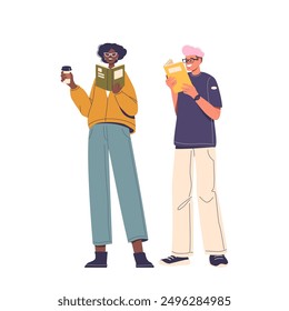 Illustration Of Two People Enjoying Their Time Reading Books. One Person Is Holding A Coffee Cup, Indicating Relaxation