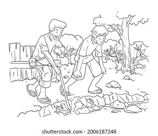 Illustration of Two people are fishing in the river using electricity