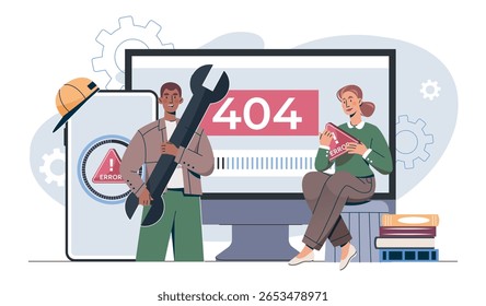 Ilustração de duas pessoas que corrigem um erro 404 em uma tela grande, uma segurando uma chave inglesa e outra com um sinal de erro, estilo plano, em um fundo branco. Conceito de manutenção do site. Vetor