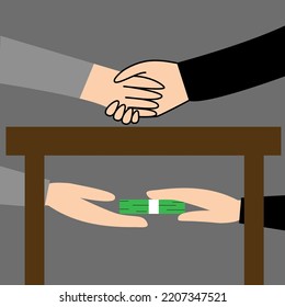 Illustration of two people giving bribe money under the table. Vector of bribery and corruption