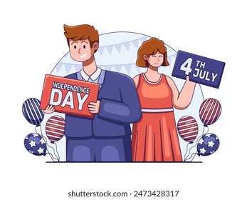 Illustration of two people happily participating in America Independence Day celebrations, 4th july. They stand surrounded by balloons patterned with the stars and stripes of the American flag.