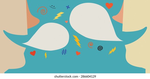 Illustration of two people having a conversation with speech bubbles and cute symbols.