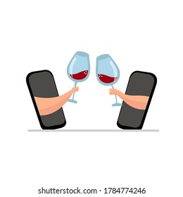 Una ilustración de dos personas tomando un vaso de vino con la ayuda de sus smartphones. El distanciamiento social. Tomar una copa a lo lejos.