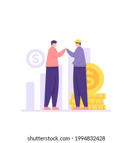 illustration of two people high-fived each other. build alliances. the concept of partnership executive, team work, establishing business relationships. increase income. flat cartoon style. vector