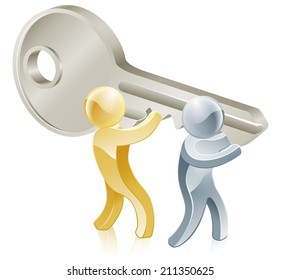 Illustration of two people people holding a big key