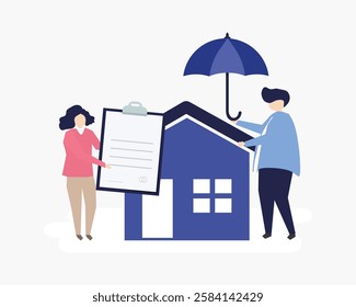 Illustration of two people with a house, clipboard, and umbrella. Symbolizes home insurance and protection. Simplified, abstract figures in a minimal style. Vector isolated on white.