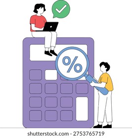 An illustration of two people interacting with a large purple calculator. One person sits on top of the calculator using a laptop, while the other person stands next to it holding a magnifying glass with a percentage sign. A green speech bubble with a checkmark is above them.