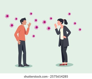 Illustration of two people interacting with a virus spread concept, featuring colorful virus particles floating between them. Perfect for medical themes