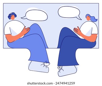 Illustration of two people, man and woman, conversation, dialog, speech bubble. Flat minimalist style, vector template illustration isolated on white background.