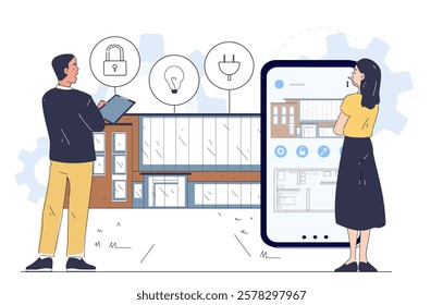 Illustration of two people managing a smart building via a tablet and smartphone. Modern building and icons on a white background. Smart technology concept. Vector illustration.