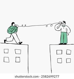 Illustration of two people on rooftops using tin can telephones. Simple line art with minimalistic style. Communication theme with playful, creative design. Fun doodle illustration vector.