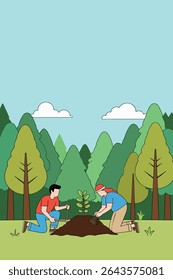 Illustration of two people planting a tree in a forest setting, promoting environmental awareness and sustainability.
