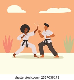 Ilustración de dos personas practicando karate juntos