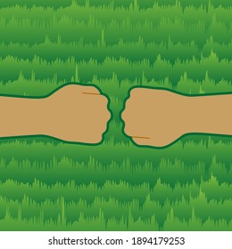 An illustration of two people putting their fists together. An illustration of a lawn is placed in the background. Image of unity of beach volleyball team. Created with vector data.