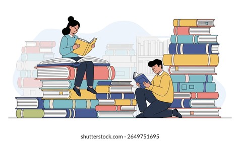 Illustration of two people reading books surrounded by stacks of colorful books showcasing the joy of learning and education