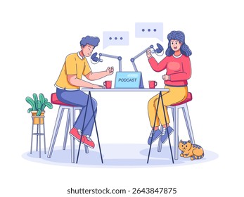 illustration of two people recording a podcast in a cozy home setting. They sit at a table with microphones and a tablet computer, surrounded by a relaxing atmosphere that includes warm drinks, cat