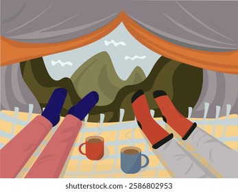 Illustration of two people relaxing in a tent with a view of green hills and mountains. red and blue socks that come out of a tourist tent