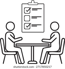 Illustration von zwei Personen, die an einem Tisch sitzen und eine Checkliste in der Zwischenablage diskutieren.