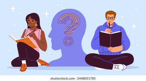 An illustration of two people studying with a stylized question mark inside a head profile, on a light blue abstract background, concept of learning and curiosity. Vector illustration