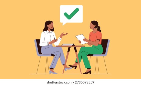 Ilustración de dos personas en la mesa en una entrevista o consulta con la burbuja de diálogo y la marca de verificación verde que simboliza el Acuerdo, la Aprobación y la comunicación exitosa