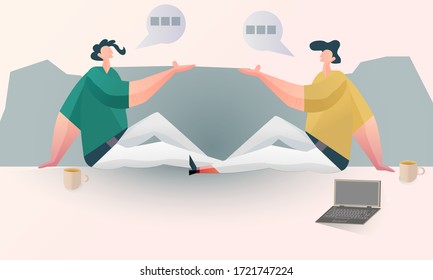  illustration of two people talking about the present. real chat and keep away from technology. coffee cup,laptop.Flat cartoon colorful vector illustration