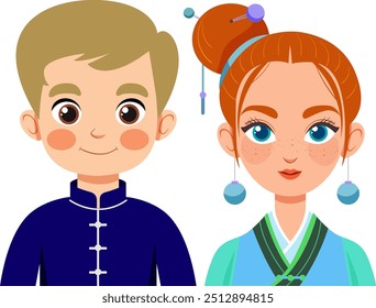 Illustration of two people in traditional Chinese clothing