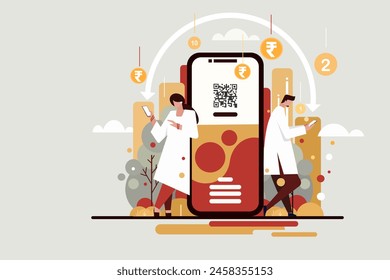 Illustration of two people transacting  Indian Rupee through mobile phone