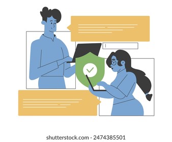 Illustration of two people using laptops with a shield icon, representing internet security and online safety. Highlights digital protection, data privacy, and secure communication.