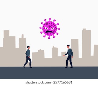 Illustration of two people walking in a city with a giant angry pink virus floating above, symbolizing a health threat or pandemic danger. Ideal for awareness concepts