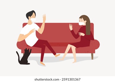 Illustration of two people wearing masks, sitting on a red sofa. A black cat sits nearby. They appear to be engaged in conversation, maintaining distance. Vector illustration.