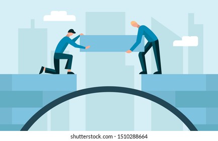 illustration of two people who are building a bridge in a metropolis