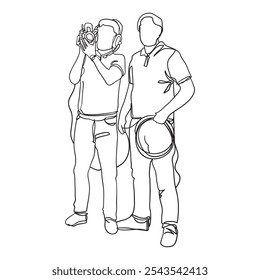 illustration of two person of cameramen team working line art design concept