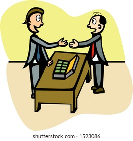 illustration of two persons doing business over a desk with an open briefcase full of money