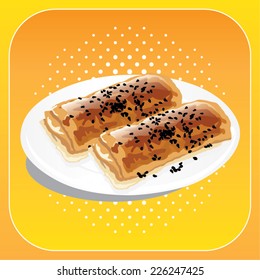 Illustration of two pieces of traditional Turkish pastry with sesame on a plate.