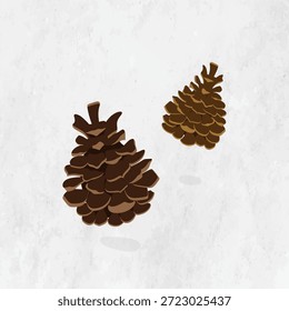 Illustration of two pine cones on a textured background. Pine cones depicted in brown tones. Pine cones are detailed, with a natural, rustic appearance. Nature illustration vector.
