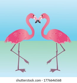 

An illustration of two pink flamingos. They are holding one leg up and mirror each other