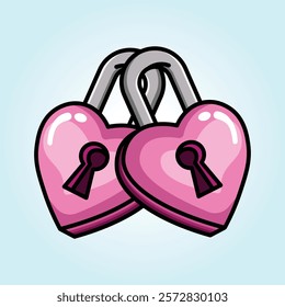 Illustration of two pink heart-shaped padlocks linked together, symbolizing love, commitment, and unity.