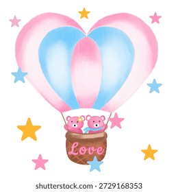 Ilustración de dos osos de peluche rosados en un globo de aire caliente en forma de corazón rosa y azul, rodeado de estrellas de colores