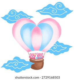 Ilustración de dos osos de peluche rosados en un globo de aire caliente en forma de corazón rosa y azul, rodeado de mega nubes mendung.