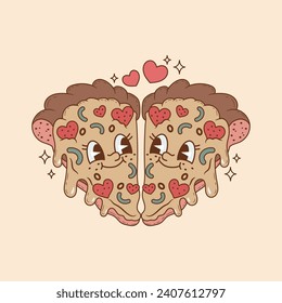 ilustración de dos triángulos de pizza enamorados en pareja 