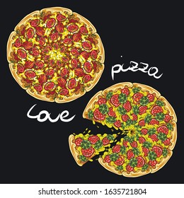 Illustration with two pizzas on a black background
