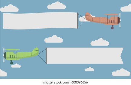 illustration of two planes flying through the sky while towing a banner, eps10 vector
