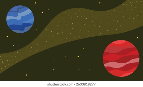 illustration of two planets in blue and red that are separated because they are crossed by the asteroid river