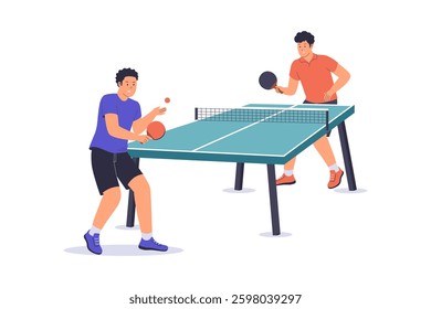 Illustration of two players play table tennis. Illustration for website, landing page, mobile app, poster and banner.