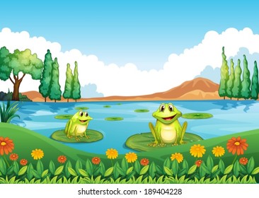 Illustration of the two playful frogs at the pond