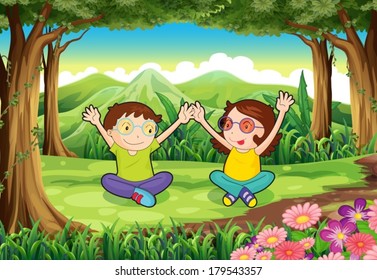 Illustration of the two playful kids at the forest